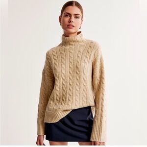 Abercrombie & Fitch Easy Funnel Wool Blend Turtleneck Cable Sweater in Tan